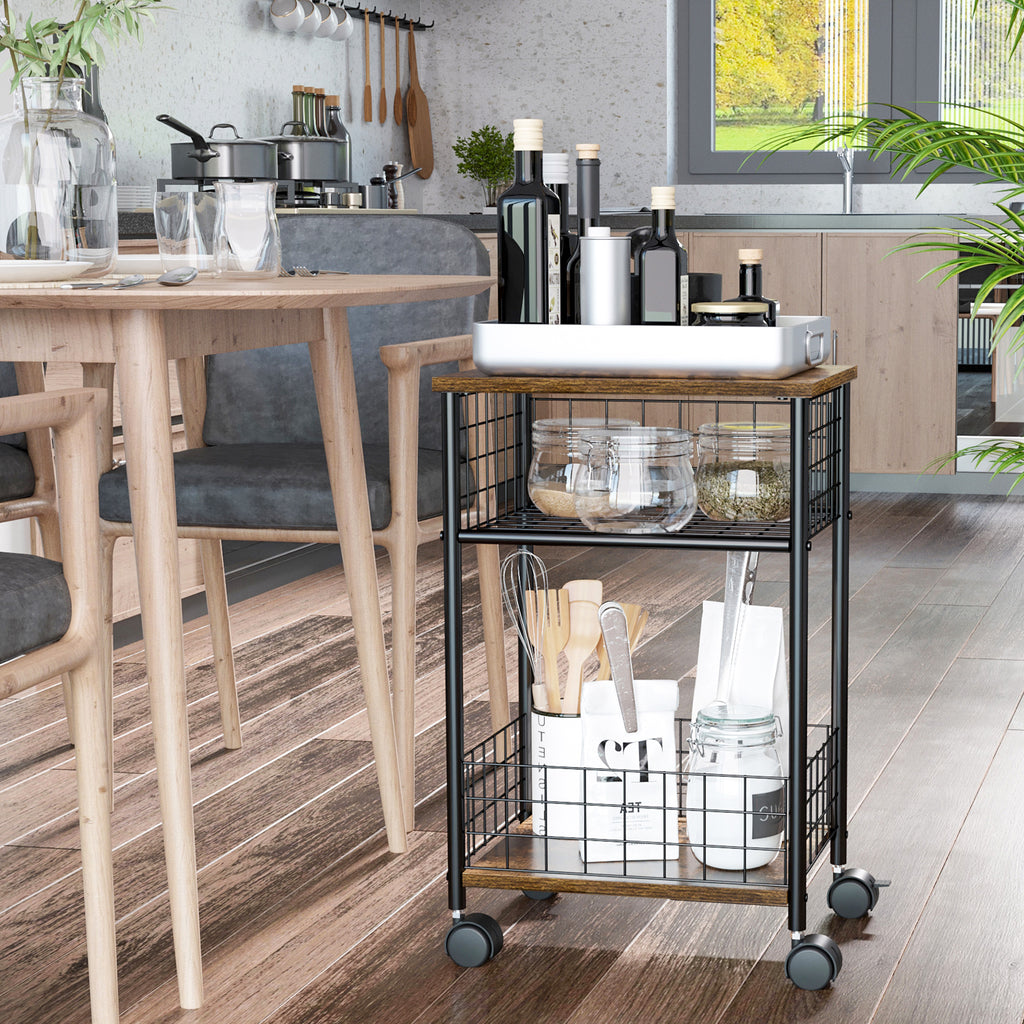 HOMCOM Küchenwagen im Industriedesign 1 Regal 1 Aufbewahrungskorb 4 Räder 40 cm x 30 cm x 62 cm Stahl Schwarz + Braun