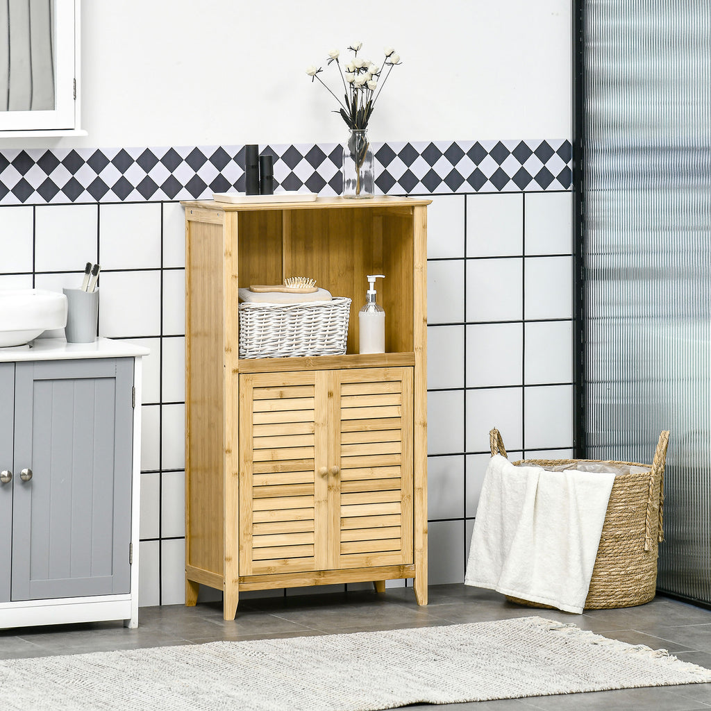 HOMCOM Badezimmerschrank Badschrank Standregal mit 2 Lamellentüren, offenem Regal, Bambus, Aufbewahrungsschrank Schrank für Badezimmer, Wohnzimmer 50 x 25,5 x 92cm Natur
