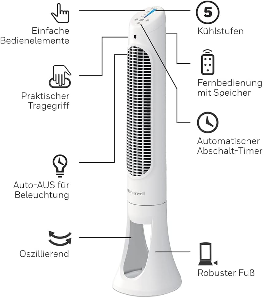 Honeywell HYF260E QuietSet Turmventilator 83cm – 5 Stufen, 80° Oszillation, 30W, Timer, Fernbedienung, Weiß