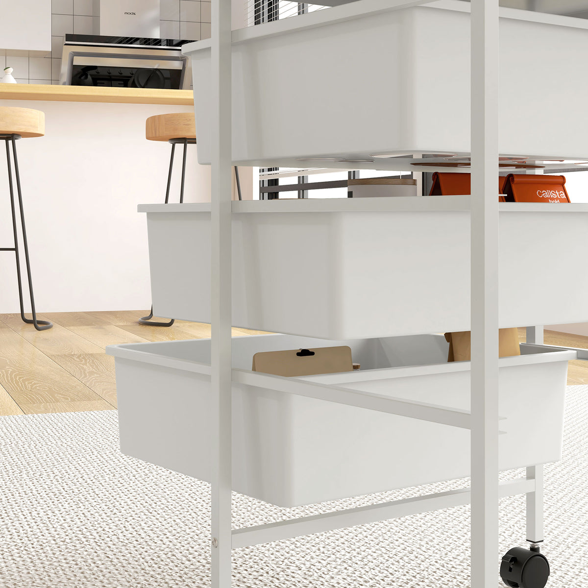 HOMCOM Beistellwagen mit Rädern, 3 Körbe für Transport und Aufbewahrung, Küchenwagen, 40,8L x 33,5B x 60,5H cm, Weiß