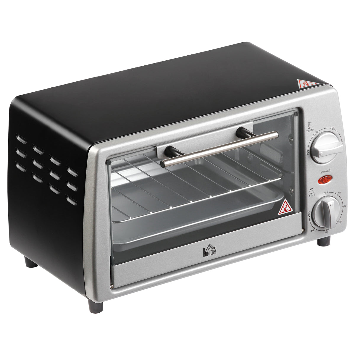 HOMCOM Mini Backofen 10 L 750W 100-230℃ 60 Min. Timer mit Backblech, Grillrost und Herausnehmbarer Bodenschale, Pizza-Ofen Silber