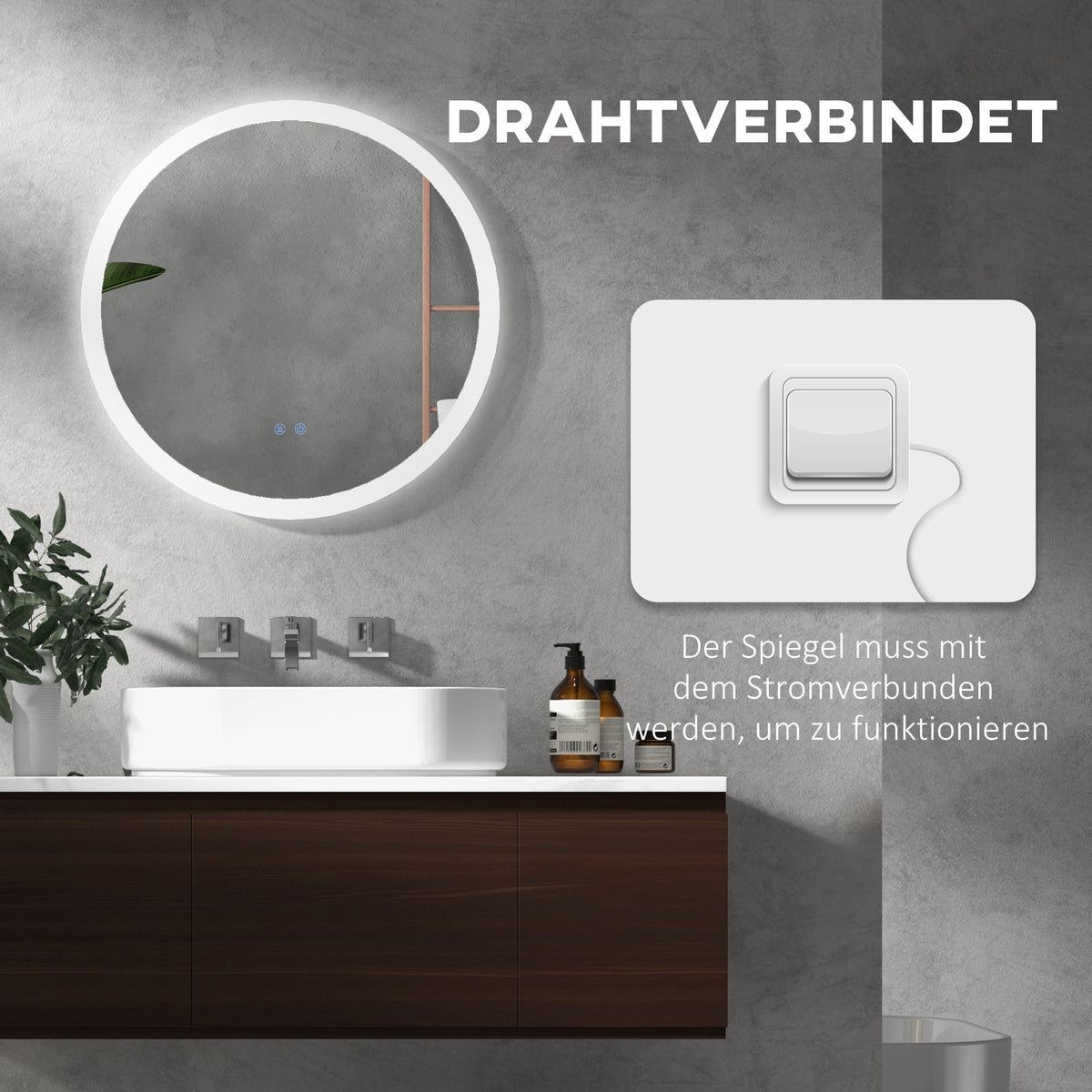 kleankin LED Badspiegel, einstellbare Helligkeit, Entnebelung, Touch, IP44, Metall/Glas, Ø60 cm, Weiß/Silber