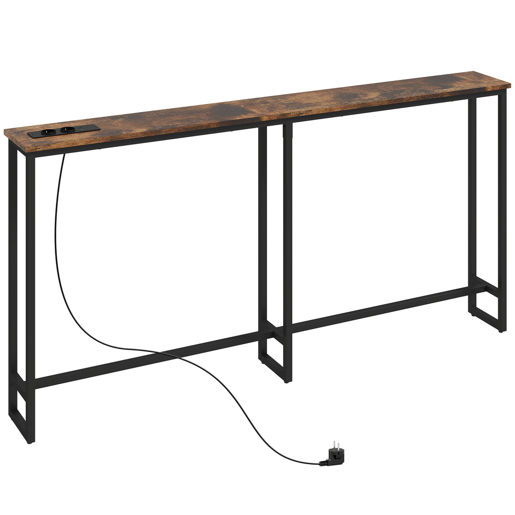 HOMCOM Schlanker Konsolentisch mit Ladestation, Industriestil, Stahlrahmen, Braun