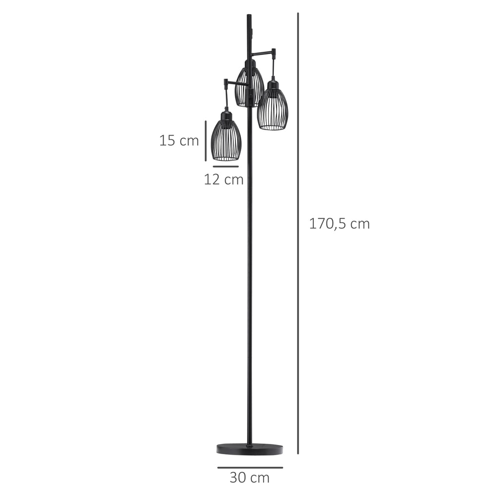 HOMCOM Stehleuchte im Industrie-Design mit 3 Lampenschirmen 30 cm x 30 cm x 170,5 cm Stahl