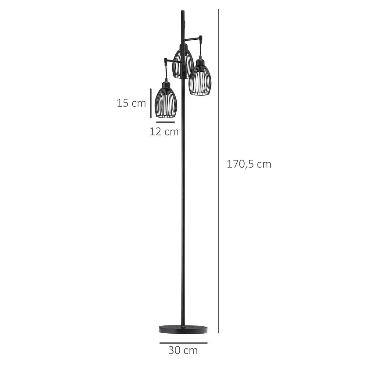 HOMCOM Stehleuchte im Industrie-Design mit 3 Lampenschirmen 30 cm x 30 cm x 170,5 cm Stahl