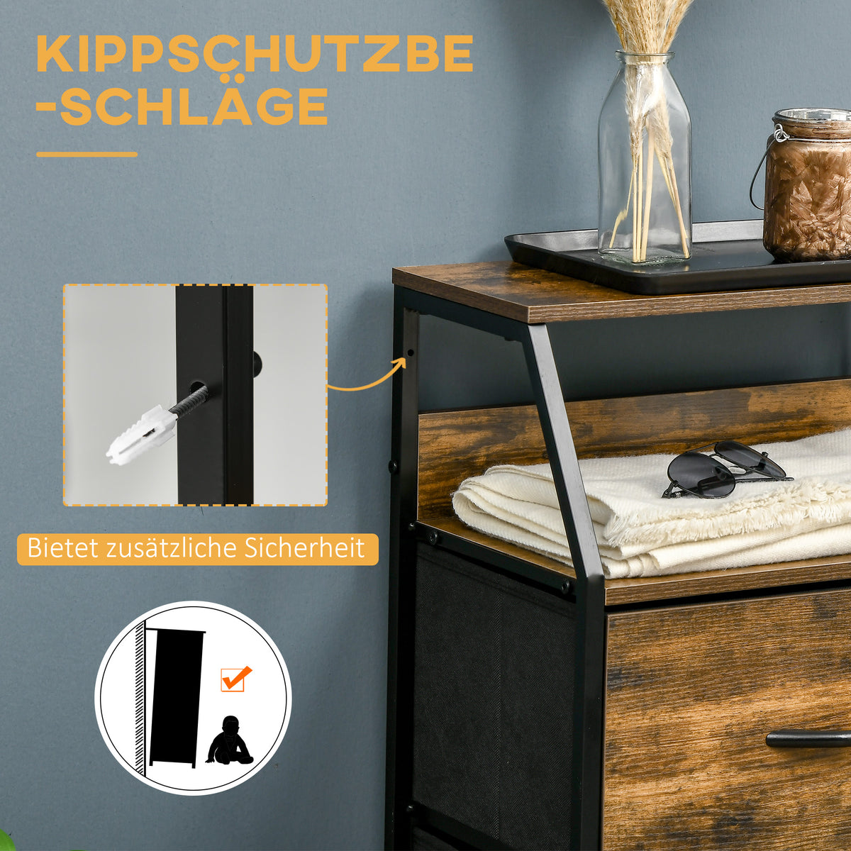 HOMCOM Aufbewahrungsschrank, Stoffschubladen, MDF-Regale, Stahlrahmen, Braun