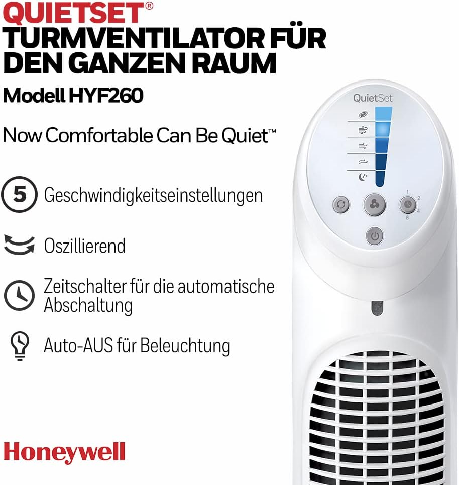 Honeywell HYF260E QuietSet Turmventilator 83cm – 5 Stufen, 80° Oszillation, 30W, Timer, Fernbedienung, Weiß