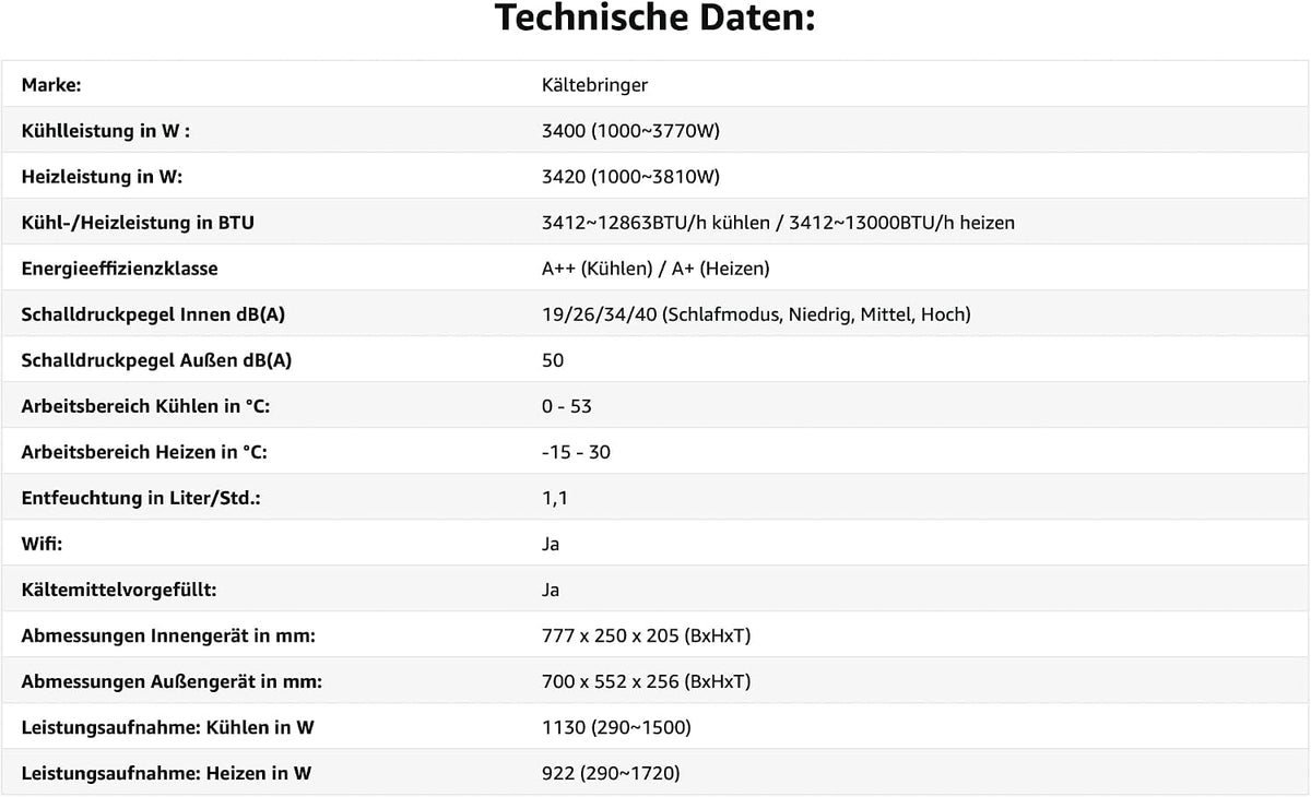 Kältebringer KB34 Split-Klimaanlage 12.000 BTU – Full-Inverter, EEK A++/A+, R32, WiFi, Alexa, TitanGold, Weiß