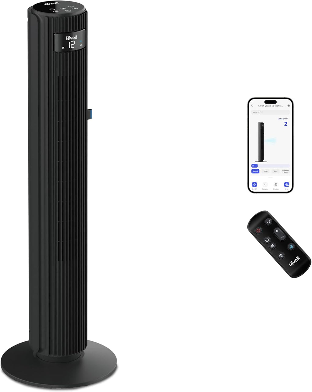 Levoit LTF-F422S-KEU Classic Pro Smart Turmventilator – 12 Stufen, 25dB, 2844m³/h, Alexa, App, Schwarz