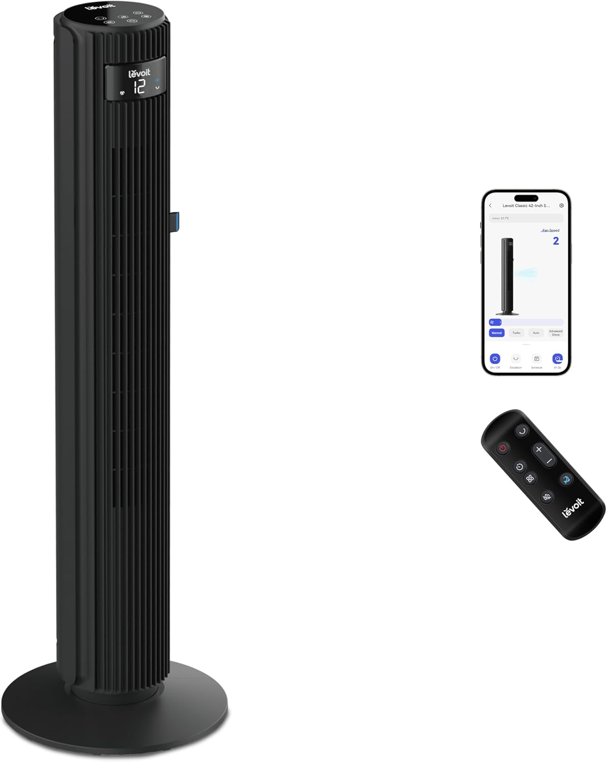 Levoit LTF-F422S-KEU Classic Pro Smart Turmventilator – 12 Stufen, 25dB, 2844m³/h, Alexa, App, Schwarz