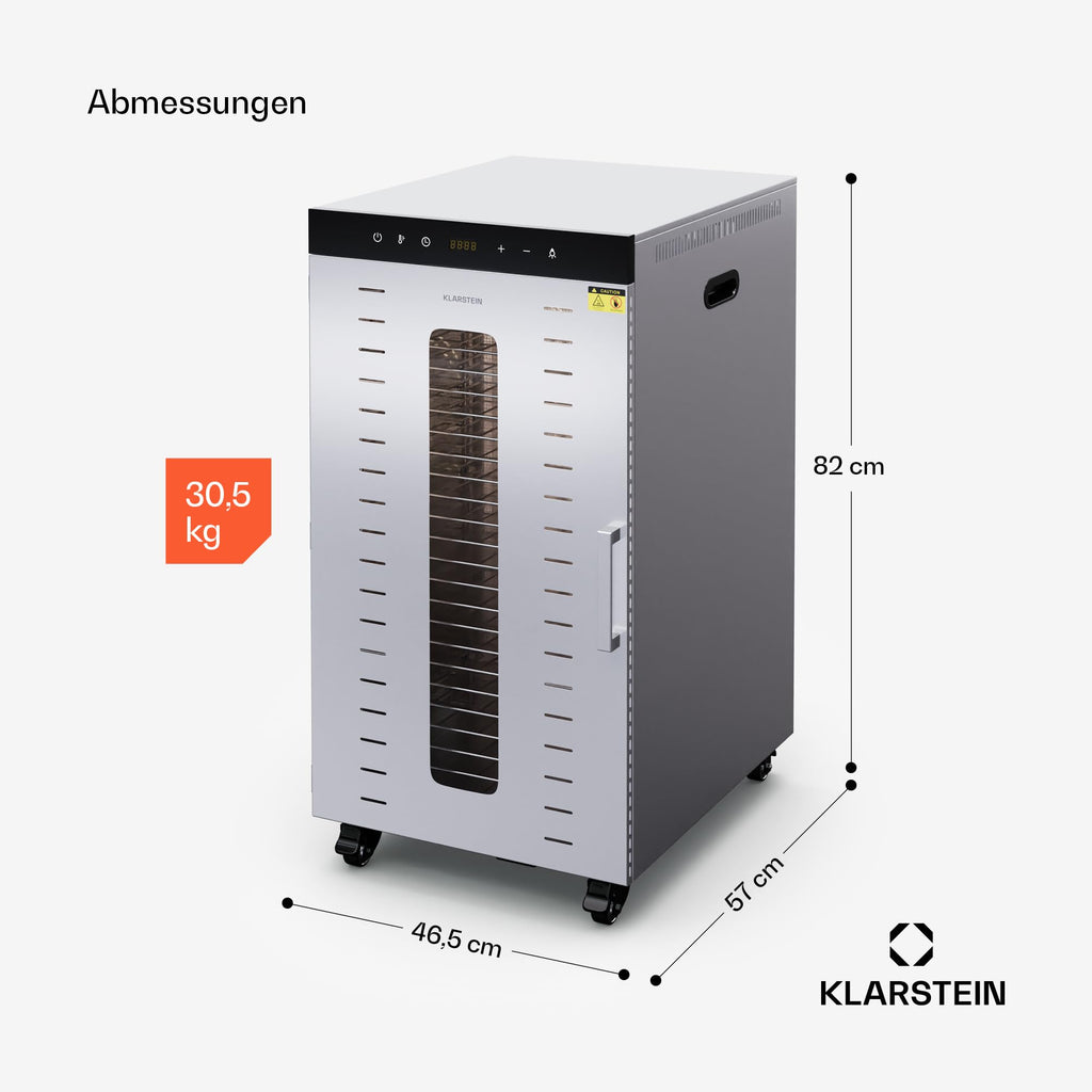 Klarstein Dörrautomat Edelstahl – 4.000-W-Dörrgerät, 48 Edelstahl-Einlegeböden, 30–90 °C, 24-Stunden-Timer, 6 Ventilatoren, 2 Trockenkammern, 50–55 dB, ideal für Obst, Gemüse, Fleisch, Kräuter, Silbero