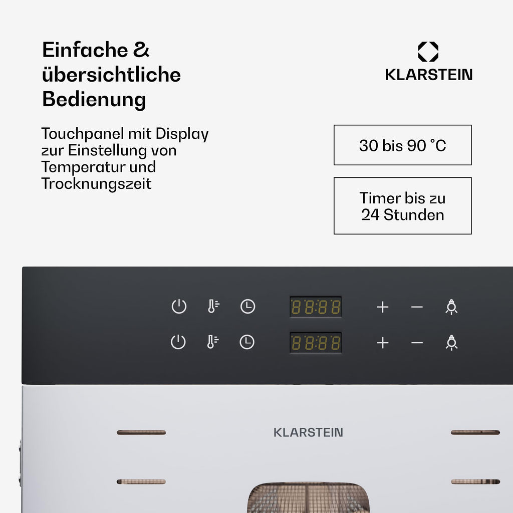 Klarstein Dörrautomat Edelstahl – 4.000-W-Dörrgerät, 48 Edelstahl-Einlegeböden, 30–90 °C, 24-Stunden-Timer, 6 Ventilatoren, 2 Trockenkammern, 50–55 dB, ideal für Obst, Gemüse, Fleisch, Kräuter, Silbero