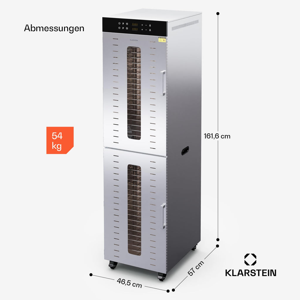 Klarstein Dörrautomat Edelstahl – 4.000-W-Dörrgerät, 48 Edelstahl-Einlegeböden, 30–90 °C, 24-Stunden-Timer, 6 Ventilatoren, 2 Trockenkammern, 50–55 dB, ideal für Obst, Gemüse, Fleisch, Kräuter, Silbero