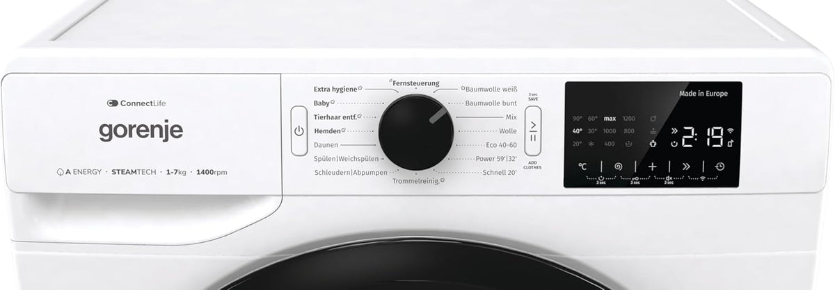 Gorenje WPNEI74A1TS Waschmaschine 7kg – Dampf, ConnectLife App, 1400 U/min, AquaStop, EEK A-10%, Weiß