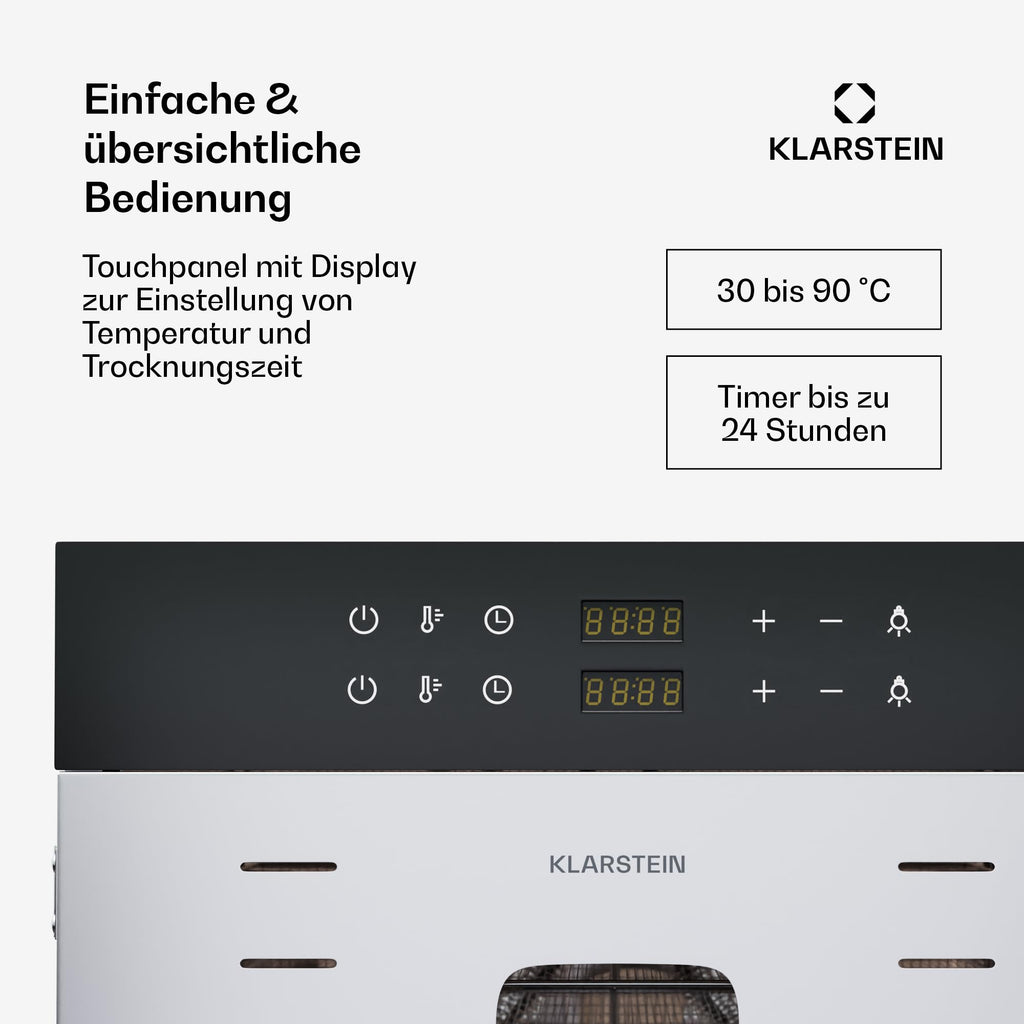 Klarstein Dörrautomat Edelstahl – 4.000-W-Dörrgerät, 48 Edelstahl-Einlegeböden, 30–90 °C, 24-Stunden-Timer, 6 Ventilatoren, 2 Trockenkammern, 50–55 dB, ideal für Obst, Gemüse, Fleisch, Kräuter, Silbero