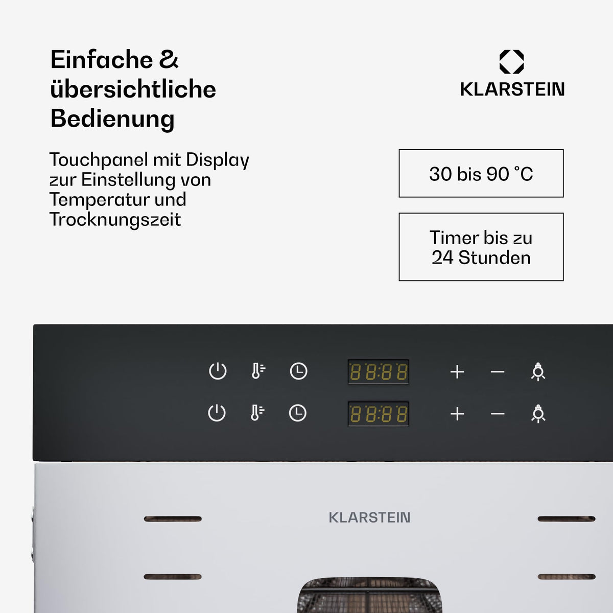Klarstein Dörrautomat Edelstahl – 4.000-W-Dörrgerät, 48 Edelstahl-Einlegeböden, 30–90 °C, 24-Stunden-Timer, 6 Ventilatoren, 2 Trockenkammern, 50–55 dB, ideal für Obst, Gemüse, Fleisch, Kräuter, Silbero