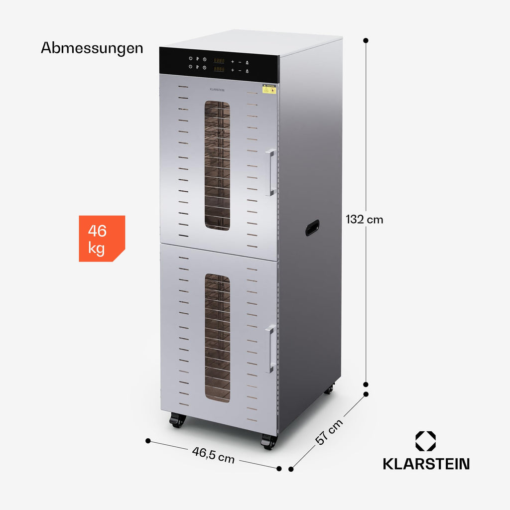 Klarstein Dörrautomat Edelstahl – 4.000-W-Dörrgerät, 48 Edelstahl-Einlegeböden, 30–90 °C, 24-Stunden-Timer, 6 Ventilatoren, 2 Trockenkammern, 50–55 dB, ideal für Obst, Gemüse, Fleisch, Kräuter, Silbero