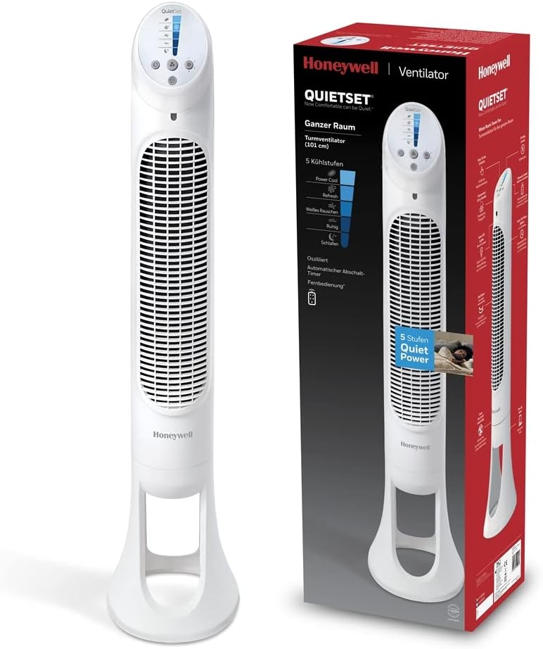 Honeywell HYF260E QuietSet Turmventilator 83cm – 5 Stufen, 80° Oszillation, 30W, Timer, Fernbedienung, Weiß