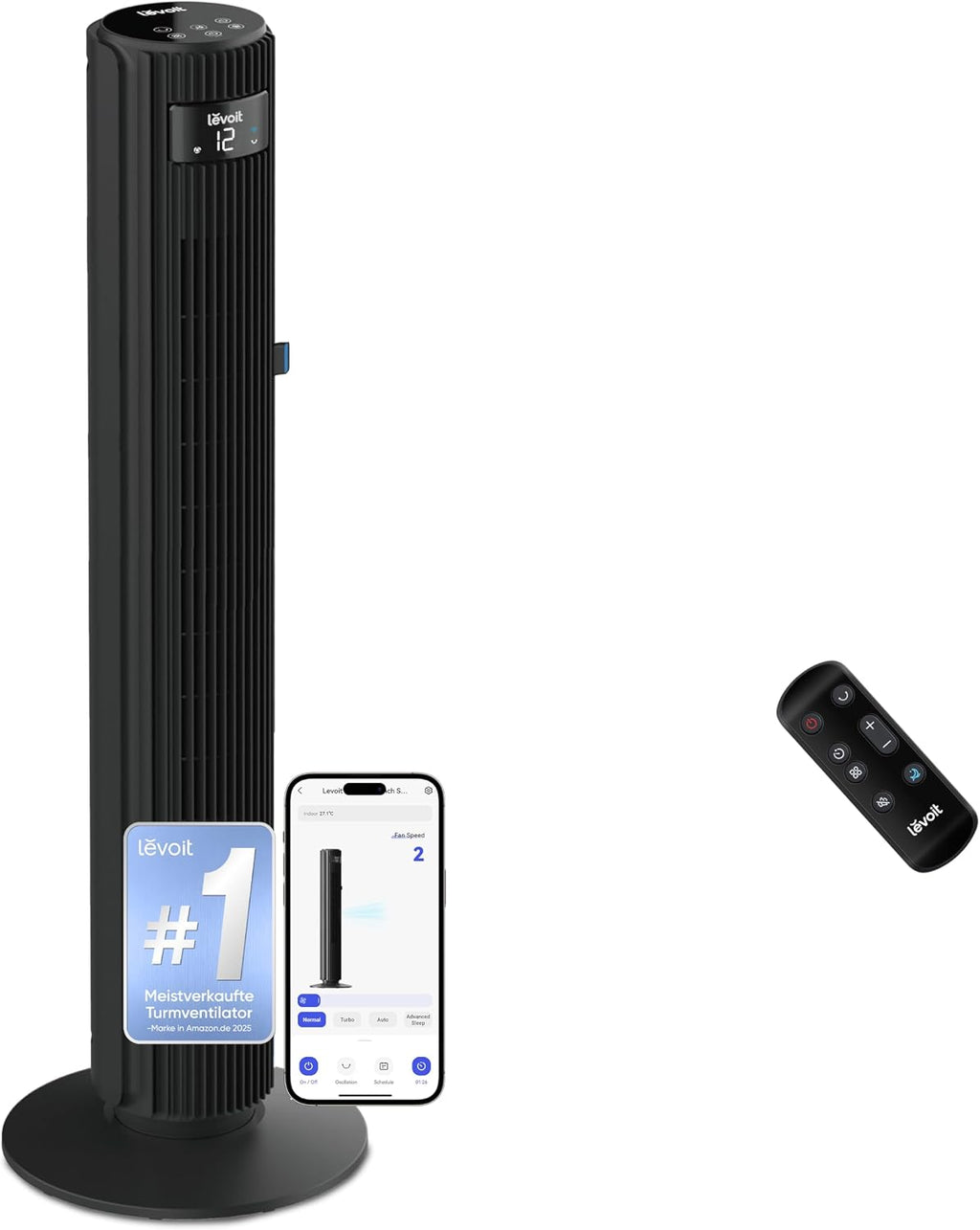 Levoit LTF-F422S-KEU Classic Pro Smart Turmventilator – 12 Stufen, 25dB, 2844m³/h, Alexa, App, Schwarz