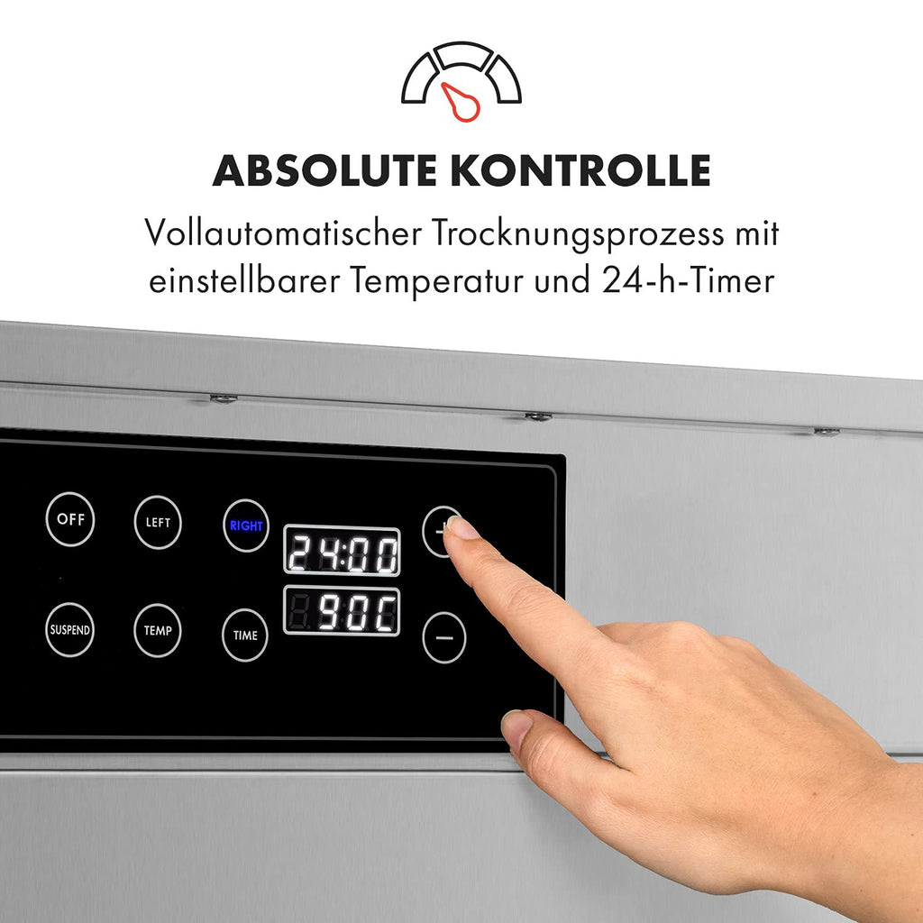 Klarstein Dörrautomat Edelstahl – 4.000-W-Dörrgerät, 48 Edelstahl-Einlegeböden, 30–90 °C, 24-Stunden-Timer, 6 Ventilatoren, 2 Trockenkammern, 50–55 dB, ideal für Obst, Gemüse, Fleisch, Kräuter, Silbero