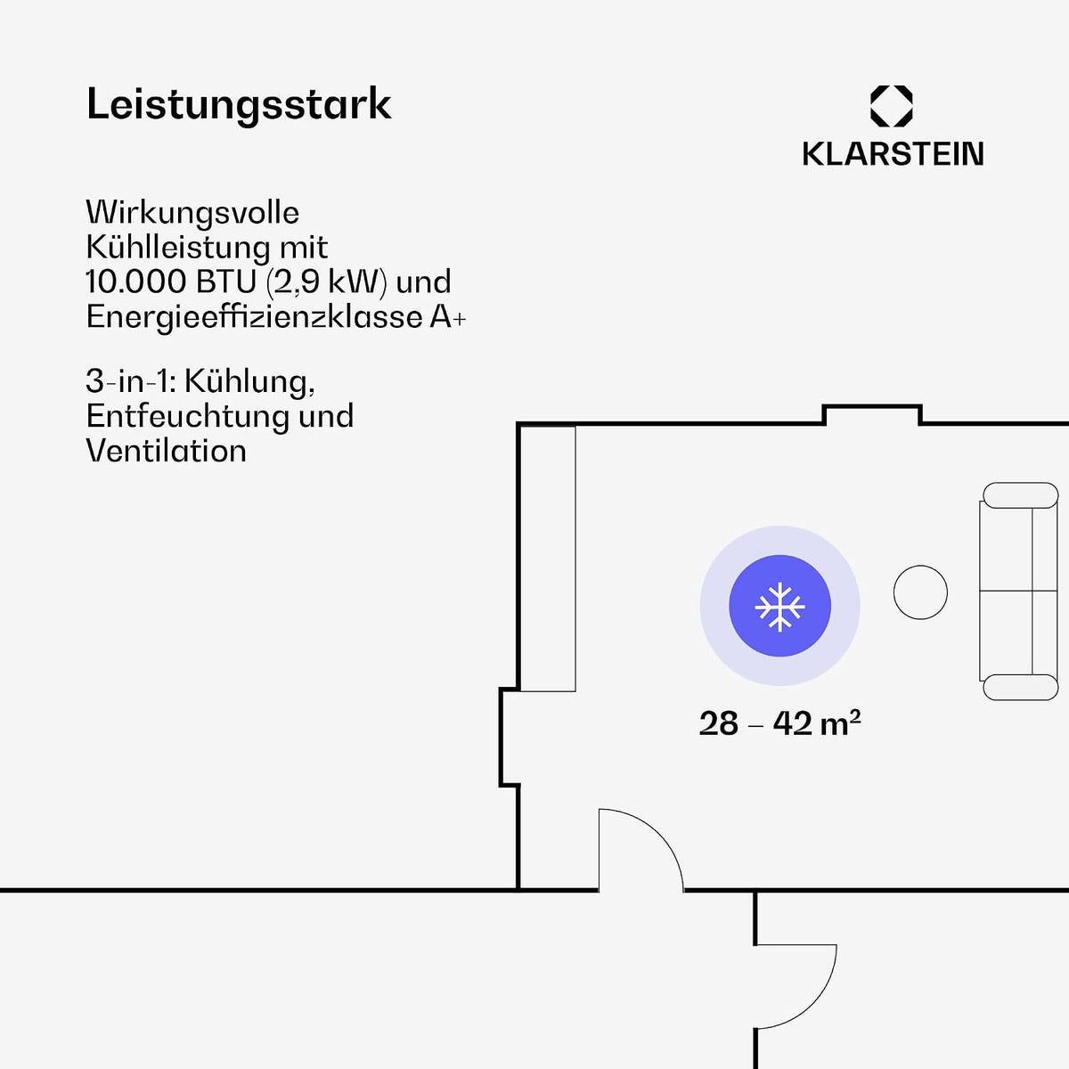 Klarstein Metrobreeze Rom Mobiles Klimagerät 10.000 BTU – 4-in-1, R290, EEK A+, SEER 12, 3kW, Fernbedienung, Weiß