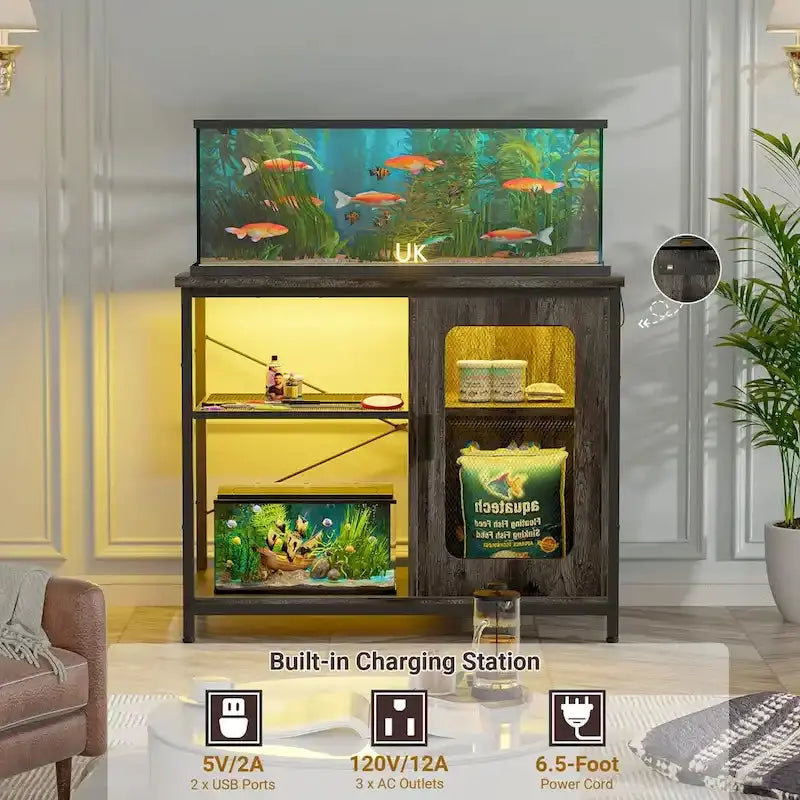 20–29 Gallon Aquarium Stand with Built-In Power Outlets and Integrated LED Lighting