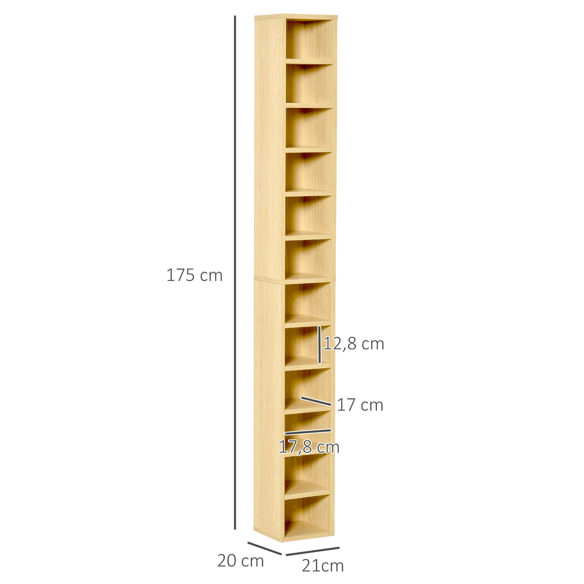 HOMCOM CD und DVD Aufbewahrung, CD/DVD Regal, Standregal mit 12 Fächern, max. 204 CD, 21 x 20 x 175 cm, Naturholz