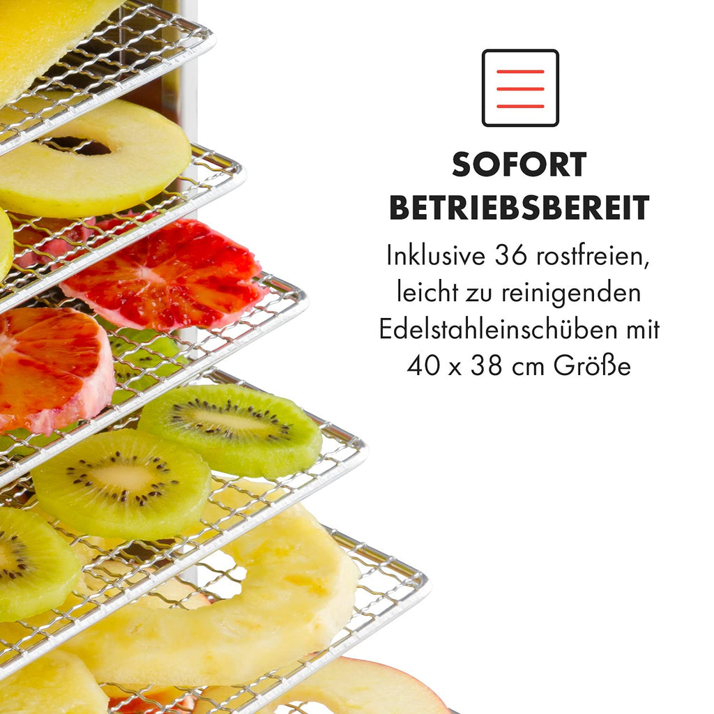 Klarstein Dörrautomat Edelstahl – 4.000-W-Dörrgerät, 48 Edelstahl-Einlegeböden, 30–90 °C, 24-Stunden-Timer, 6 Ventilatoren, 2 Trockenkammern, 50–55 dB, ideal für Obst, Gemüse, Fleisch, Kräuter, Silbero
