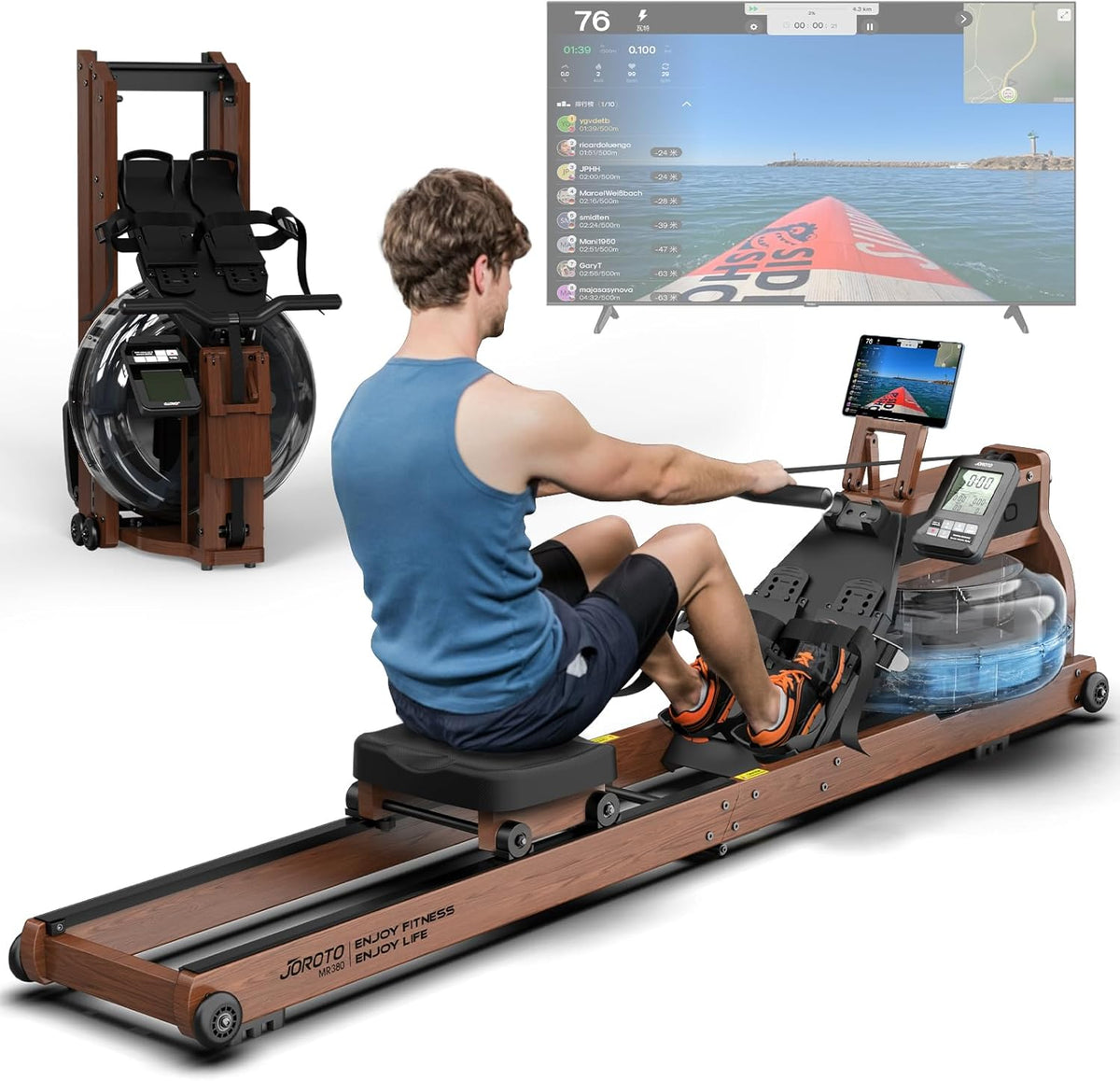 JOROTO MR380/MR390: Klappbares Eichenholz‑Rudergerät mit 28 L Tank und Bluetooth‑Monitor ✨