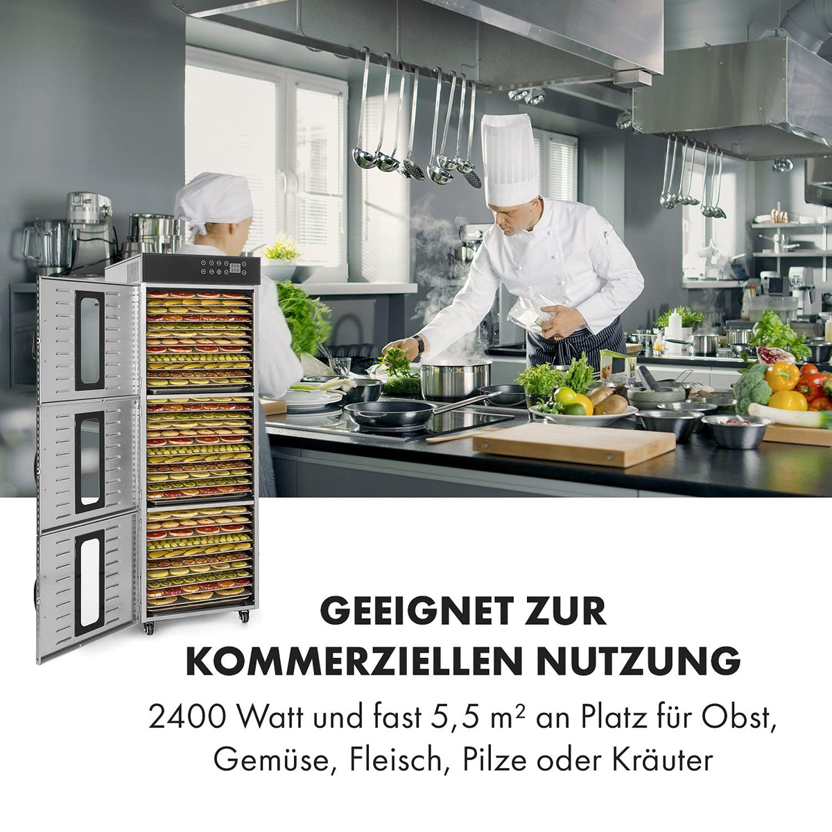 Klarstein Dörrautomat Edelstahl – 4.000-W-Dörrgerät, 48 Edelstahl-Einlegeböden, 30–90 °C, 24-Stunden-Timer, 6 Ventilatoren, 2 Trockenkammern, 50–55 dB, ideal für Obst, Gemüse, Fleisch, Kräuter, Silbero