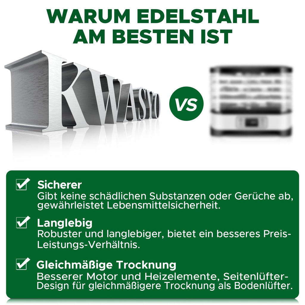 Kwasyo Dörrautomat Edelstahl Trockenkapazität 3,8 kg Rindfleisch, 0,67 m² Trockenfläche, 8 Edelstahl-Dörrtabletts (28x30 cm), 35-85°C Dörrgerät für Hundeleckerlis, Kräuter, Fleisch, Obst, Joghurto