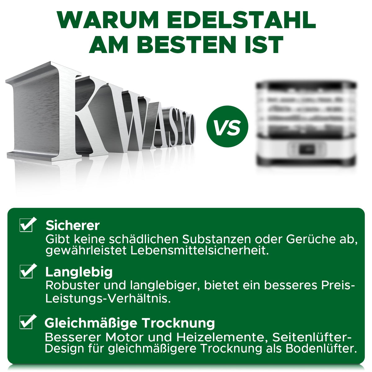 Kwasyo Dörrautomat Edelstahl Trockenkapazität 3,8 kg Rindfleisch, 0,67 m² Trockenfläche, 8 Edelstahl-Dörrtabletts (28x30 cm), 35-85°C Dörrgerät für Hundeleckerlis, Kräuter, Fleisch, Obst, Joghurto