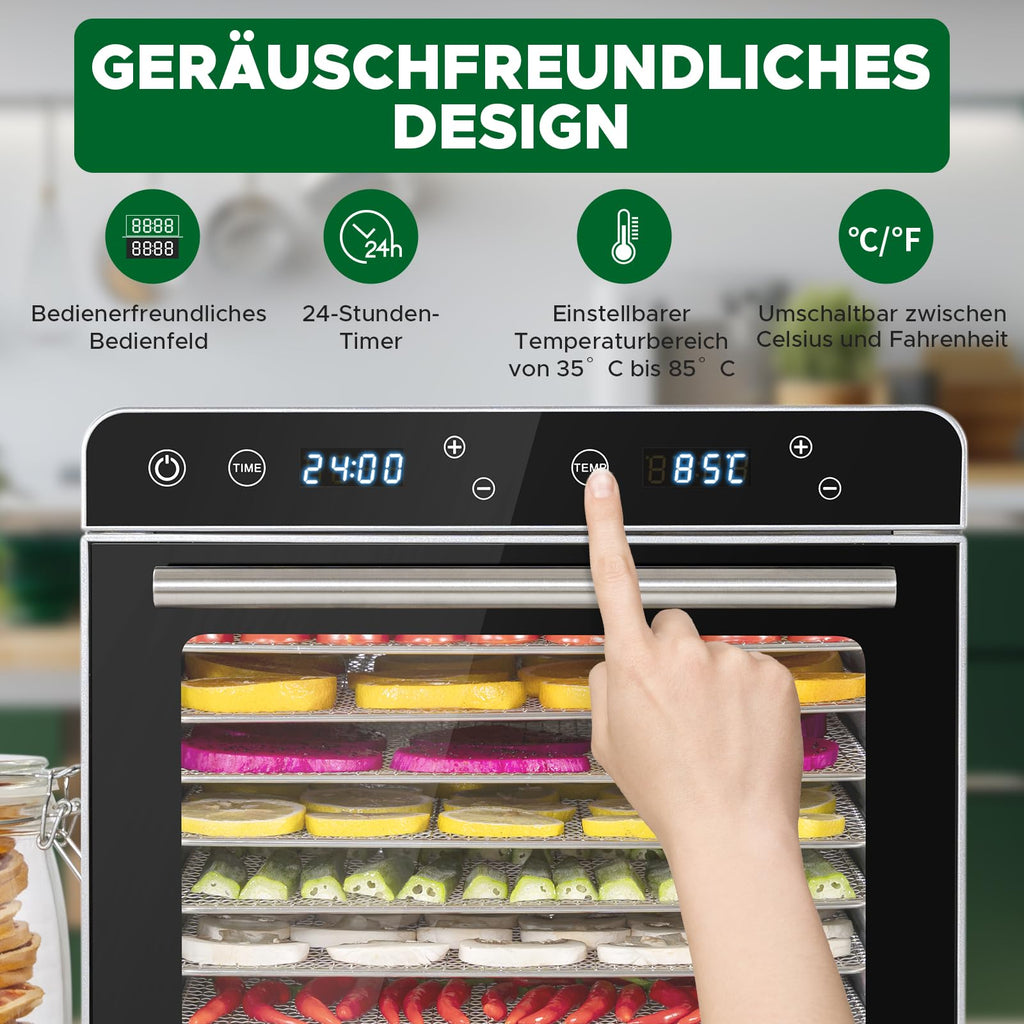 Kwasyo Dörrautomat Edelstahl Trockenkapazität 3,8 kg Rindfleisch, 0,67 m² Trockenfläche, 8 Edelstahl-Dörrtabletts (28x30 cm), 35-85°C Dörrgerät für Hundeleckerlis, Kräuter, Fleisch, Obst, Joghurto