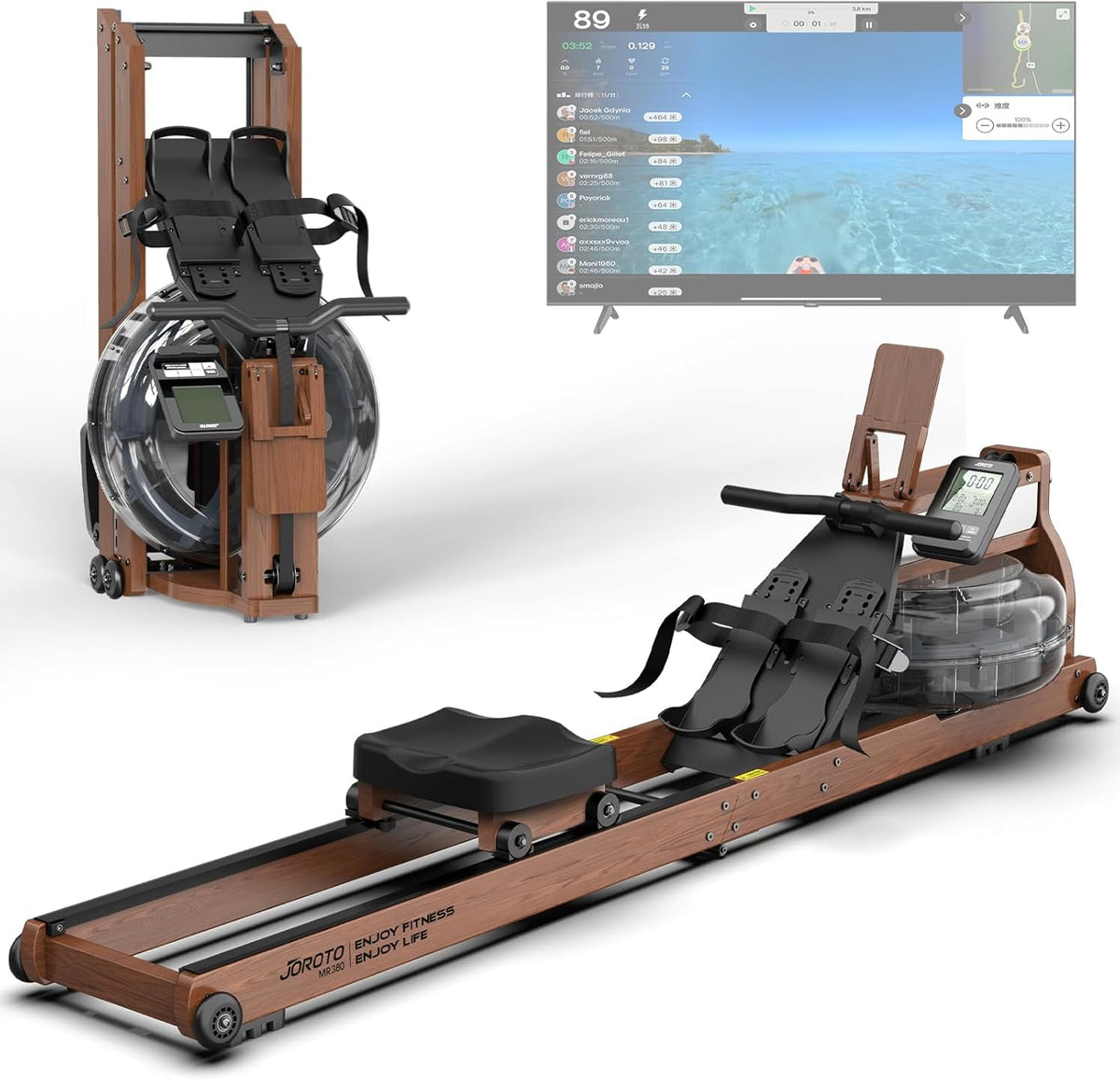 JOROTO MR380/MR390: Klappbares Eichenholz‑Rudergerät mit 28 L Tank und Bluetooth‑Monitor ✨