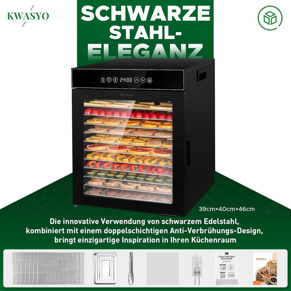 Kwasyo Dörrautomat Edelstahl, Dörrgerät 12 Etagen Ganz in Schwarz, 30-90℃ Temperaturregelung, 24 Stunden Timer, Rezeptheft für Fleisch Obst Gemüse Kräuter, 1000W, LT-09o