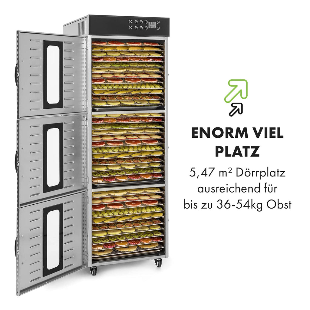 Klarstein Dörrautomat Edelstahl – 4.000-W-Dörrgerät, 48 Edelstahl-Einlegeböden, 30–90 °C, 24-Stunden-Timer, 6 Ventilatoren, 2 Trockenkammern, 50–55 dB, ideal für Obst, Gemüse, Fleisch, Kräuter, Silbero