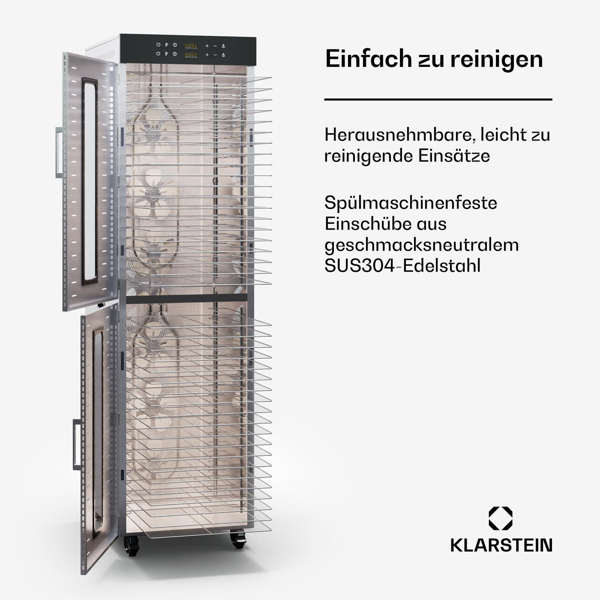 Klarstein Dörrautomat Edelstahl – 4.000-W-Dörrgerät, 48 Edelstahl-Einlegeböden, 30–90 °C, 24-Stunden-Timer, 6 Ventilatoren, 2 Trockenkammern, 50–55 dB, ideal für Obst, Gemüse, Fleisch, Kräuter, Silbero