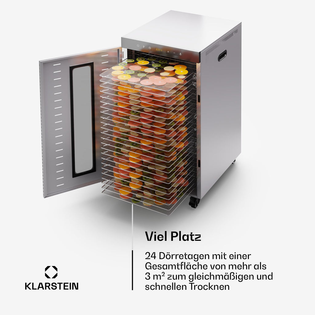 Klarstein Dörrautomat Edelstahl – 4.000-W-Dörrgerät, 48 Edelstahl-Einlegeböden, 30–90 °C, 24-Stunden-Timer, 6 Ventilatoren, 2 Trockenkammern, 50–55 dB, ideal für Obst, Gemüse, Fleisch, Kräuter, Silbero