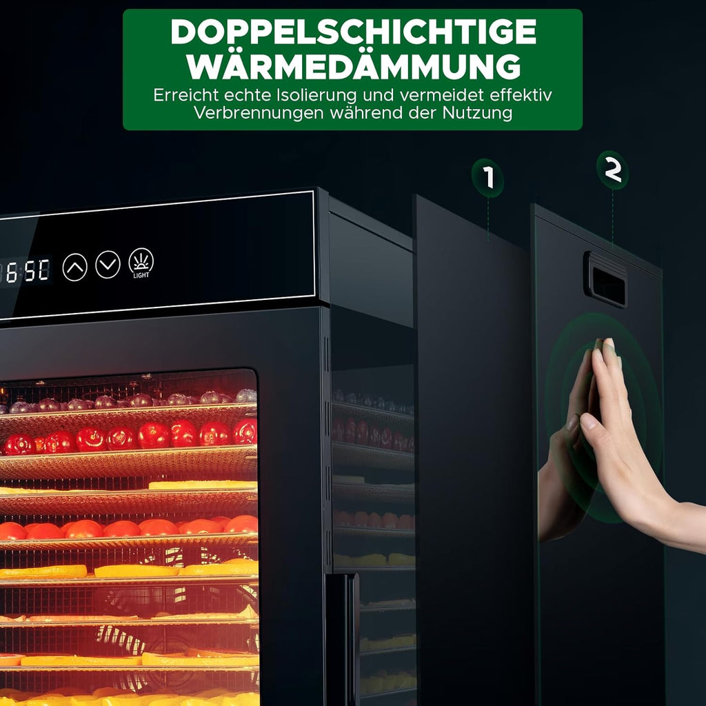 Kwasyo Dörrautomat Edelstahl, Dörrgerät 12 Etagen Ganz in Schwarz, 30-90℃ Temperaturregelung, 24 Stunden Timer, Rezeptheft für Fleisch Obst Gemüse Kräuter, 1000W, LT-09o