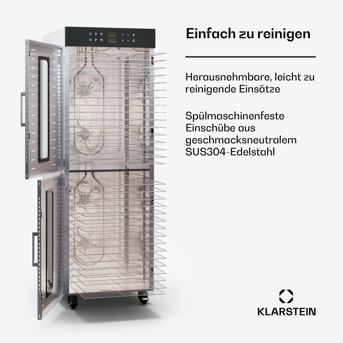 Klarstein Dörrautomat Edelstahl – 4.000-W-Dörrgerät, 48 Edelstahl-Einlegeböden, 30–90 °C, 24-Stunden-Timer, 6 Ventilatoren, 2 Trockenkammern, 50–55 dB, ideal für Obst, Gemüse, Fleisch, Kräuter, Silbero