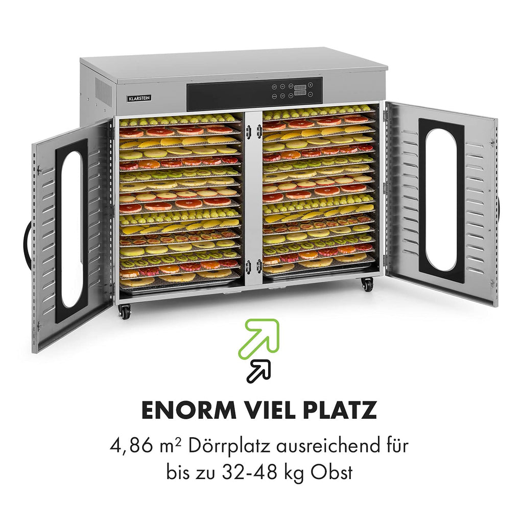 Klarstein Dörrautomat Edelstahl – 4.000-W-Dörrgerät, 48 Edelstahl-Einlegeböden, 30–90 °C, 24-Stunden-Timer, 6 Ventilatoren, 2 Trockenkammern, 50–55 dB, ideal für Obst, Gemüse, Fleisch, Kräuter, Silbero