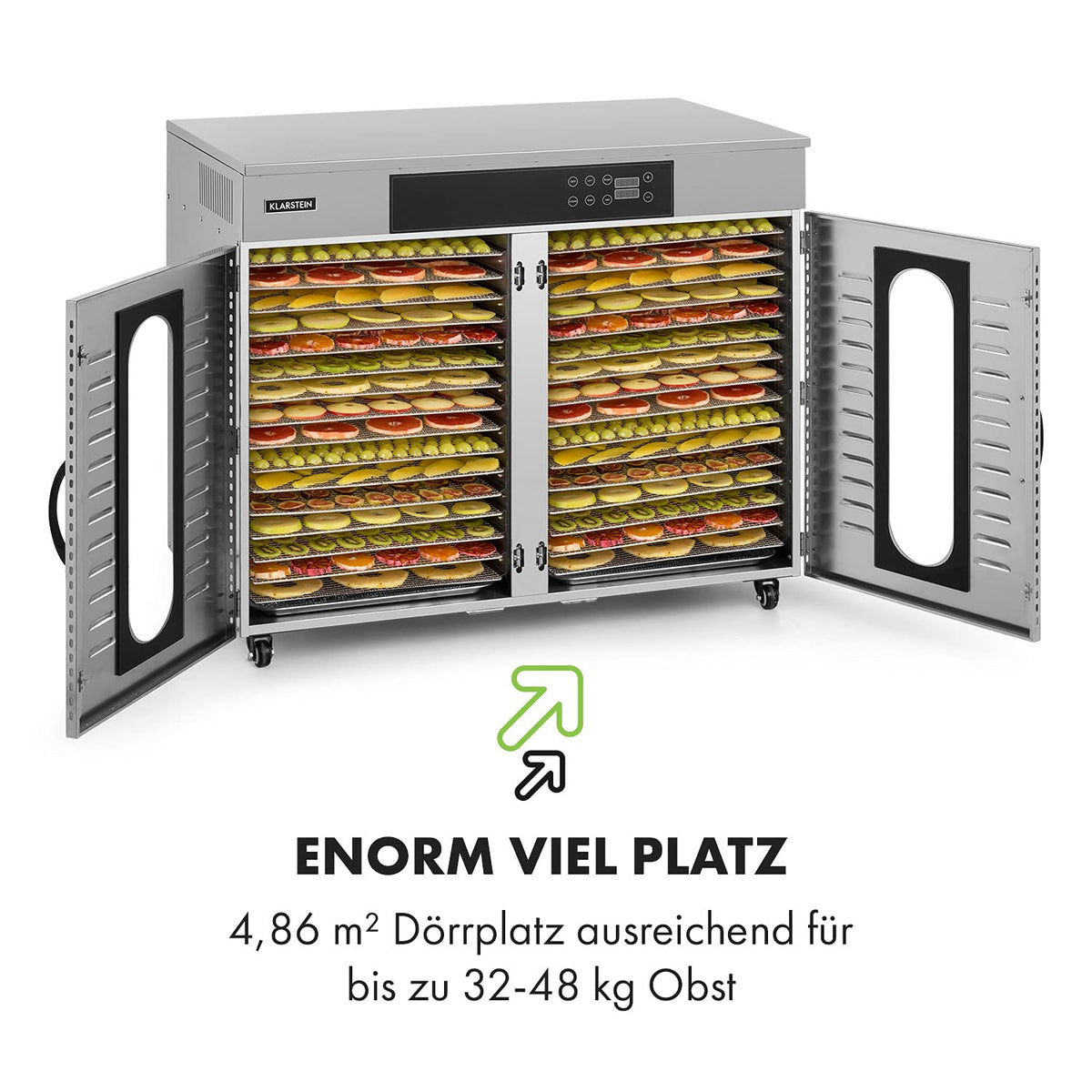 Klarstein Dörrautomat Edelstahl – 4.000-W-Dörrgerät, 48 Edelstahl-Einlegeböden, 30–90 °C, 24-Stunden-Timer, 6 Ventilatoren, 2 Trockenkammern, 50–55 dB, ideal für Obst, Gemüse, Fleisch, Kräuter, Silbero