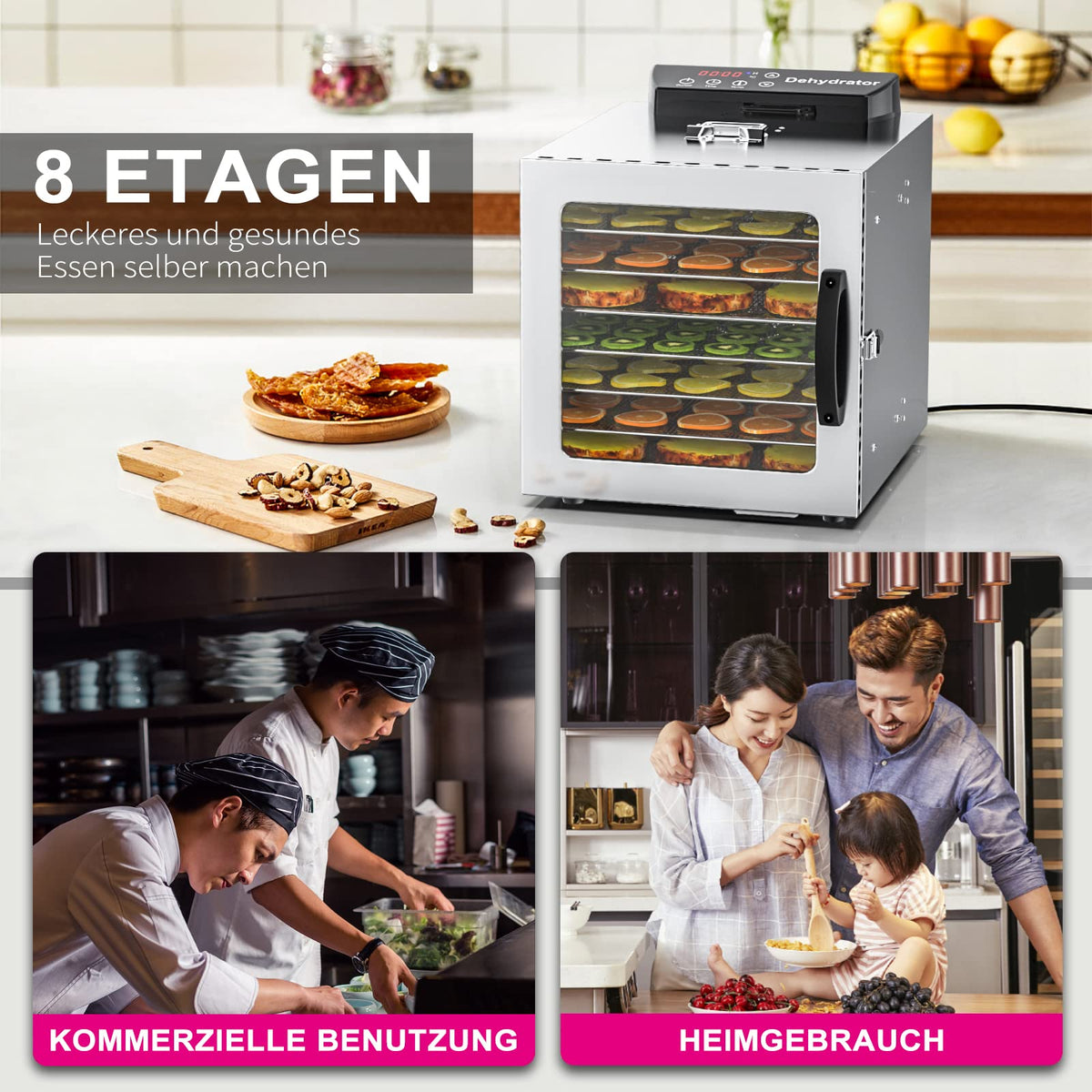 Lecon Dehydrator Stainless Steel Dehydrator Food 30-90°C, 24-Hour Timer Dehydrator for Food, Meat, Fruit, Vegetable Dryer, Fruit Dryer, Dehydrator with Apron, Sealed Tank (8 Levels)o