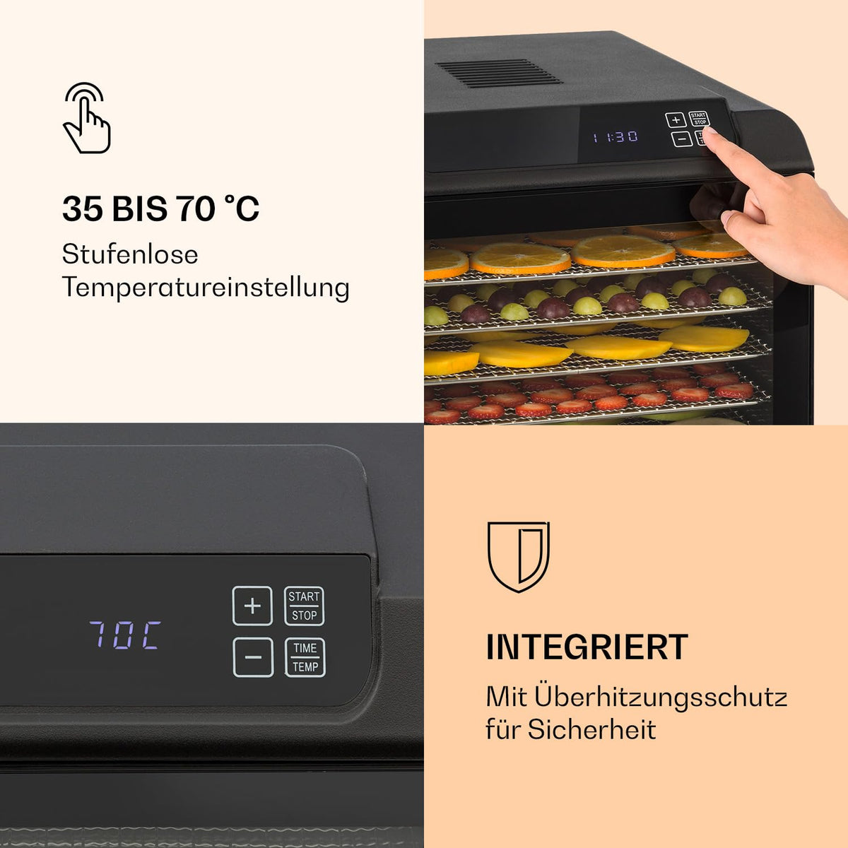 Klarstein Arizona Jerky Dörrautomat - Dörrgerät, Dehydrator, trocknet Obst, Fleisch und Früchte, 500 Watt, 35-70°C, 6 spülmaschinenfeste Einlagefächer, kurze Trockenzeit, Touch-Display, schwarzo