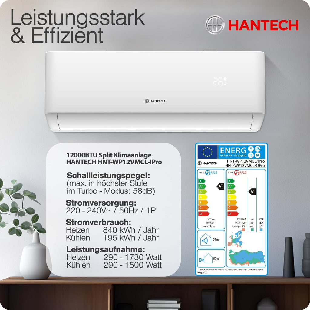 HANTECH H-PRO Split-Klimaanlage 12.000 BTU – Inverter, EEK A++, Heizen & Kühlen, WiFi, Alexa, Weiß