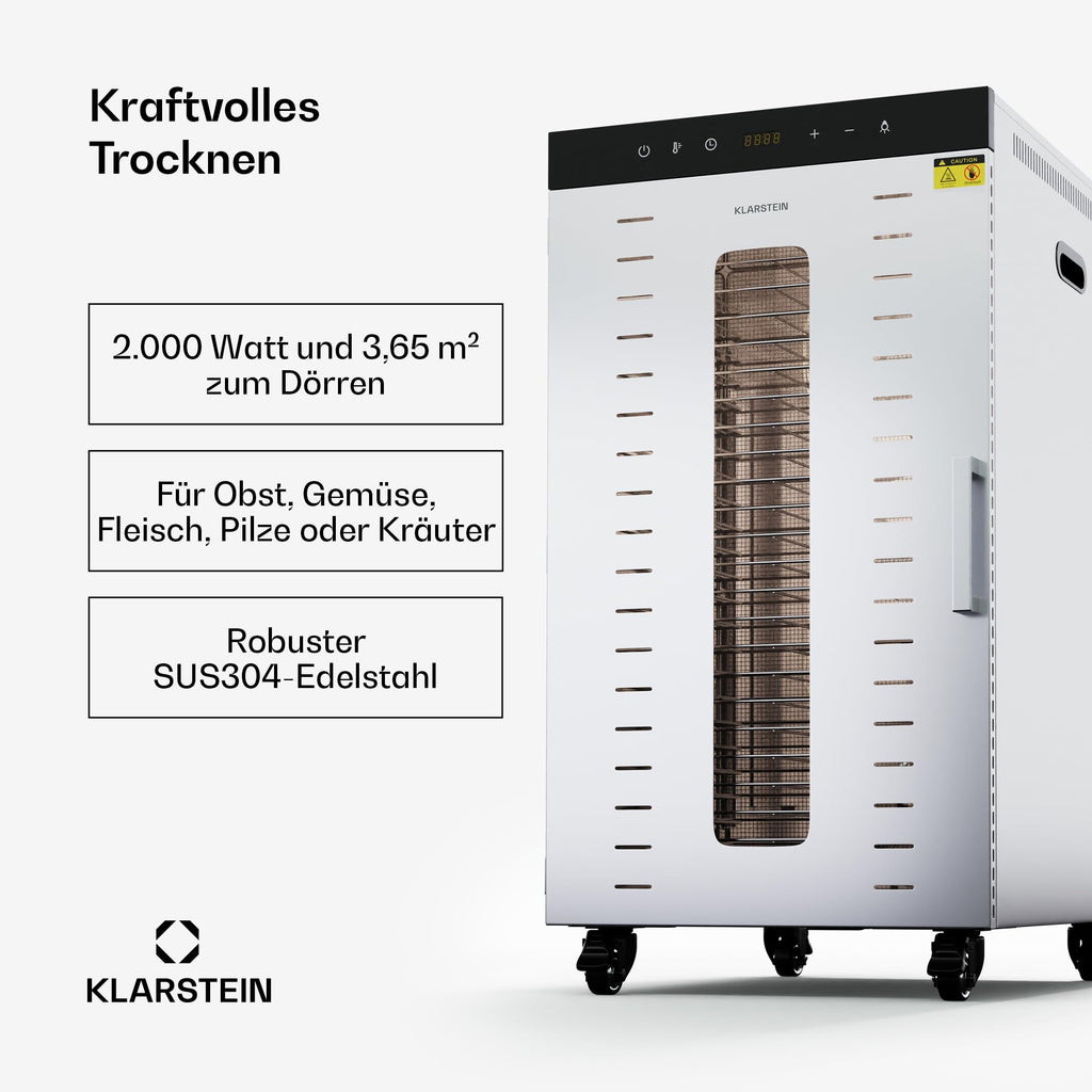 Klarstein Dörrautomat Edelstahl – 4.000-W-Dörrgerät, 48 Edelstahl-Einlegeböden, 30–90 °C, 24-Stunden-Timer, 6 Ventilatoren, 2 Trockenkammern, 50–55 dB, ideal für Obst, Gemüse, Fleisch, Kräuter, Silbero