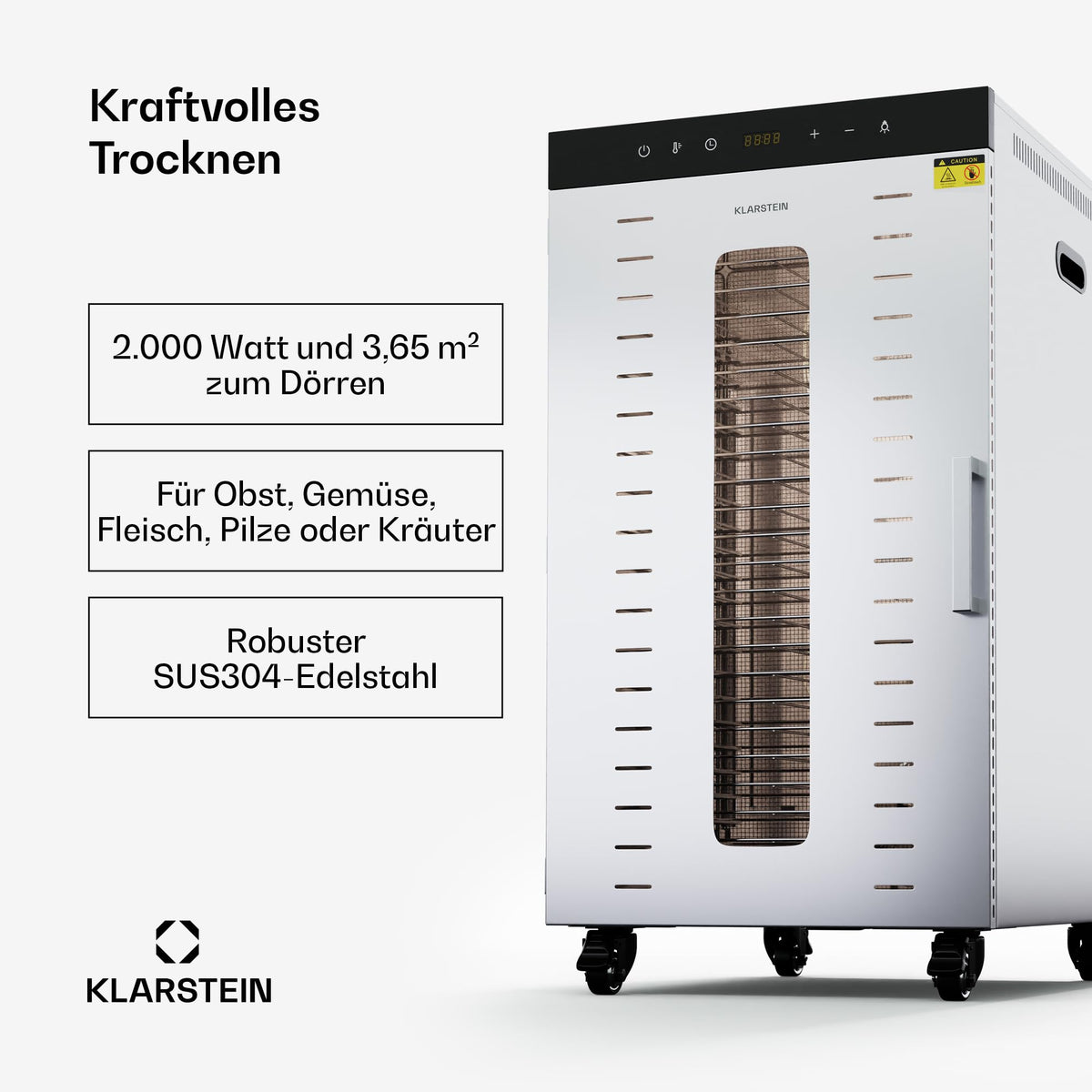 Klarstein Dörrautomat Edelstahl – 4.000-W-Dörrgerät, 48 Edelstahl-Einlegeböden, 30–90 °C, 24-Stunden-Timer, 6 Ventilatoren, 2 Trockenkammern, 50–55 dB, ideal für Obst, Gemüse, Fleisch, Kräuter, Silbero