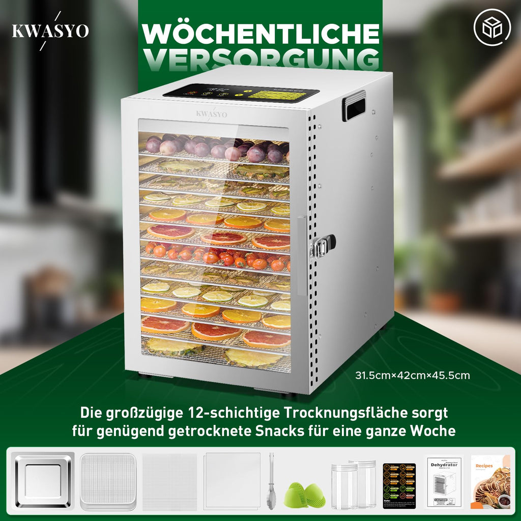 Kwasyo Dehydrator Stainless Steel, Double Fan 360° Efficient Dry, Dehydrator 12 Levels, 20-90°C Temperature Control, 24 Hour Timer, Overheating Protection, Recipe Book for Meat, Fruit, Vegetables,o