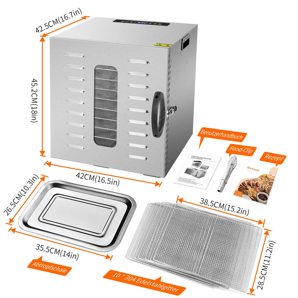 Kwasyo Dörrautomat Edelstahl DA 1000, XXL-Dörrfläche 1,8 m², Dörrgerät Temperatur einstellbar 30-90℃, LED-Display, 24 Std, BPA-frei, mit Rezeptheft, 10 Edelstahl-Dörrtablettso