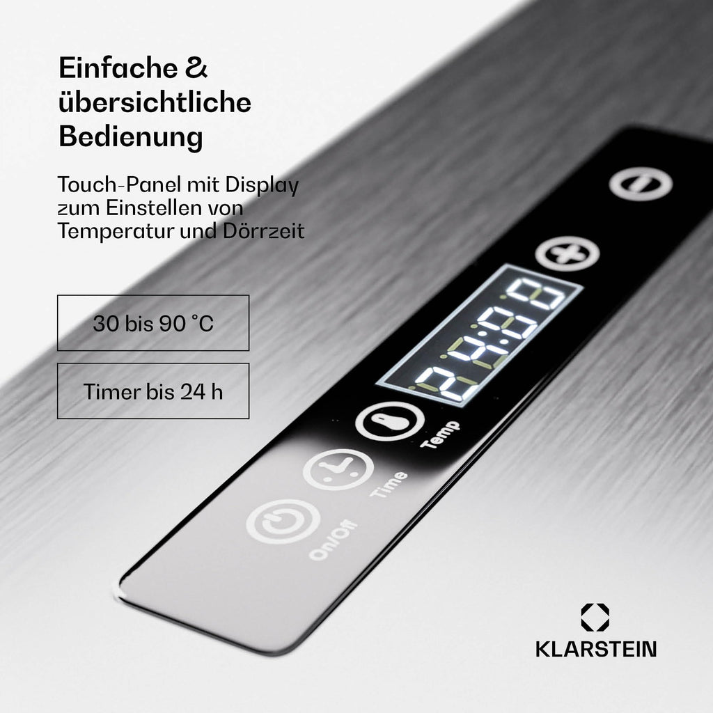 Klarstein Dörrgerät, Dörrautomat für Gemüse, Obst, Pilze & Fleisch, 1500W Edelstahl-Dörrautomat, Trockenautomat mit 16 Metallgitter, Dörrgerät mit 24H Timer & Touch-Display, Food Dehydratoro
